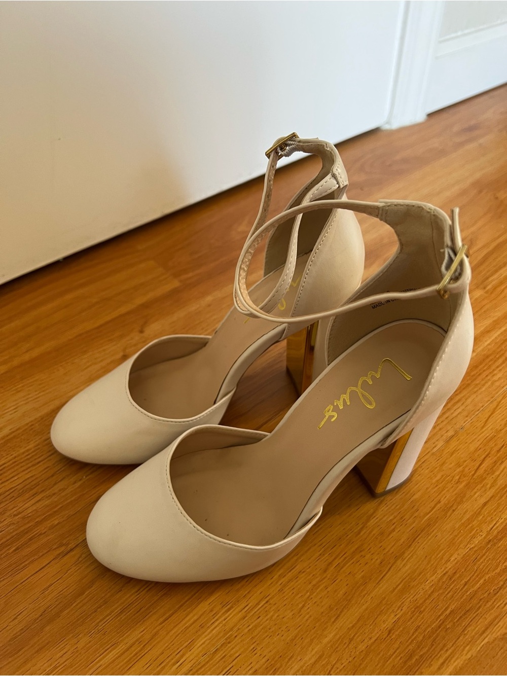 Lulu's Nude Ankle-Strap Block Heels with Gold Metallic Heel - Picture 4 of 7